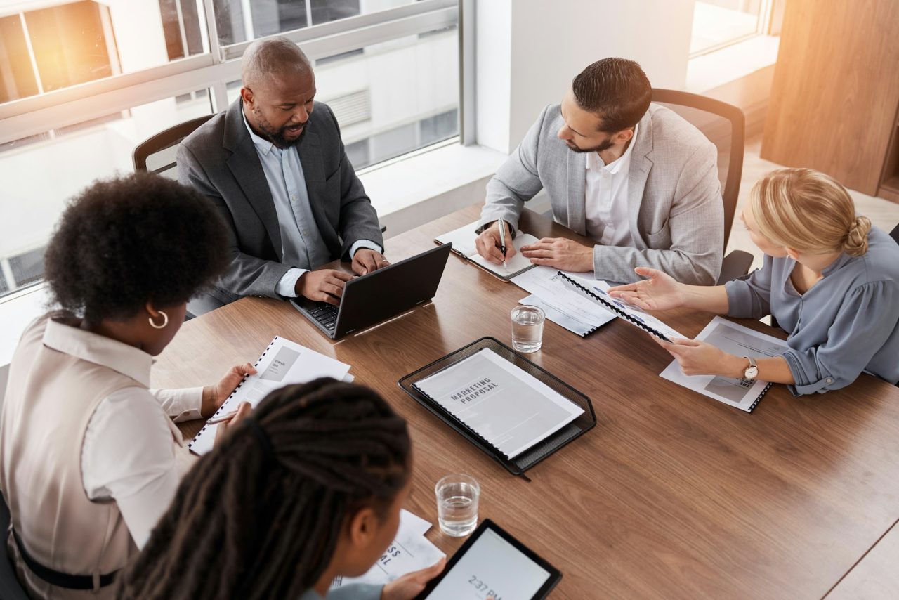 Business meeting, technology and people planning, management and collaboration for financial report